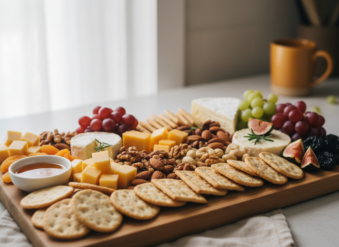 A cozy homemade snack spread with crackers, cheese, nuts and fruit on a wooden board.