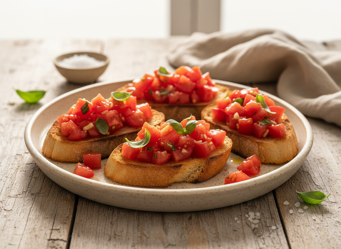 A homemade bruschetta appetizer plate with tomatoes and basil on a ceramic plate.