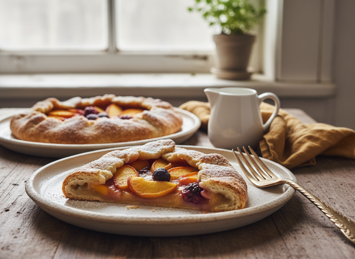 A rustic homemade fruit galette slice on a plate with a fork and a dusting of sugar.