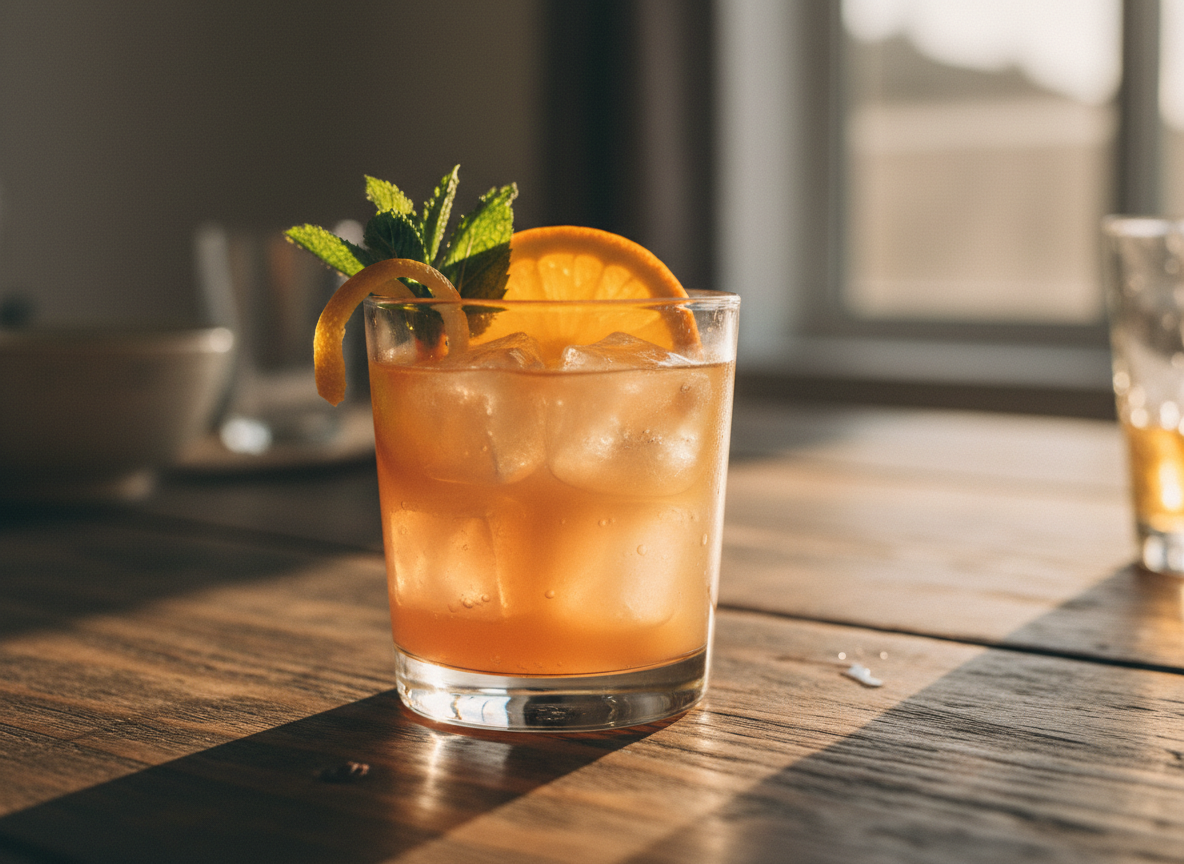 A refreshing homemade cocktail with citrus garnish on a wooden bar surface.