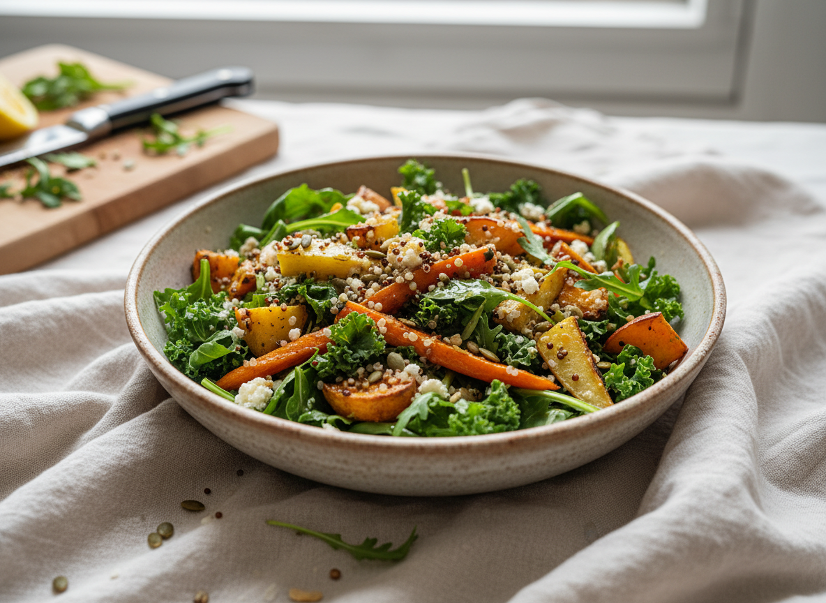 A bright homemade lunch bowl with grain salad, roasted vegetables and greens.