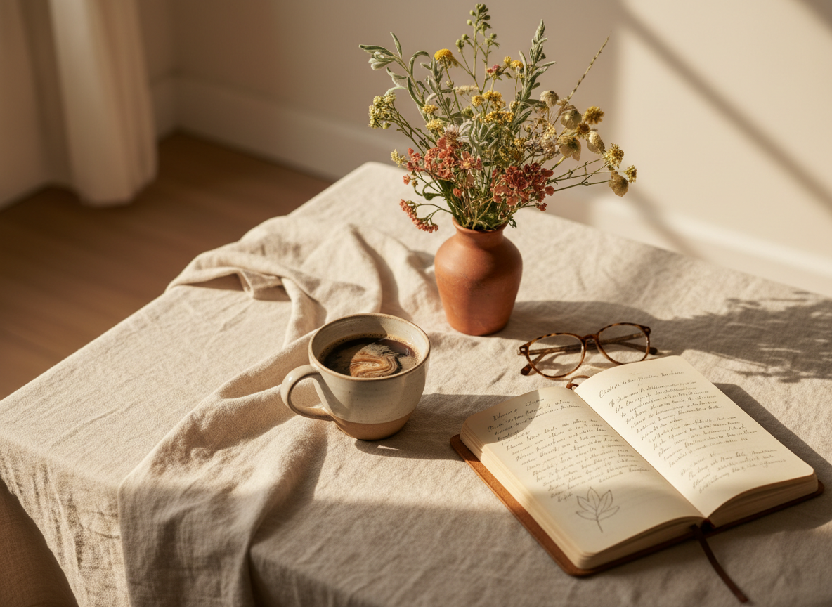 An overhead view of a cozy morning table with coffee, an open journal, and dried flowers in warm natural light