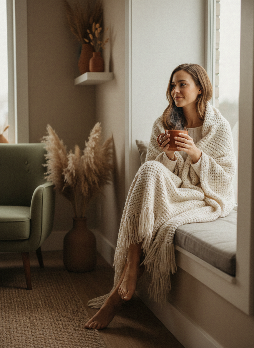 A young woman wrapped in a knit throw holding a warm mug by a sunlit window