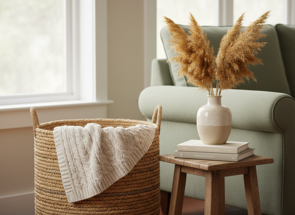 A cozy living corner with a woven basket, knit throw, and dried grasses