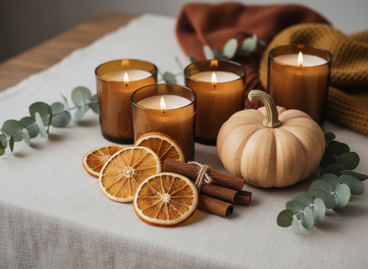 Dried oranges, cinnamon, candles, and eucalyptus in a cozy seasonal arrangement
