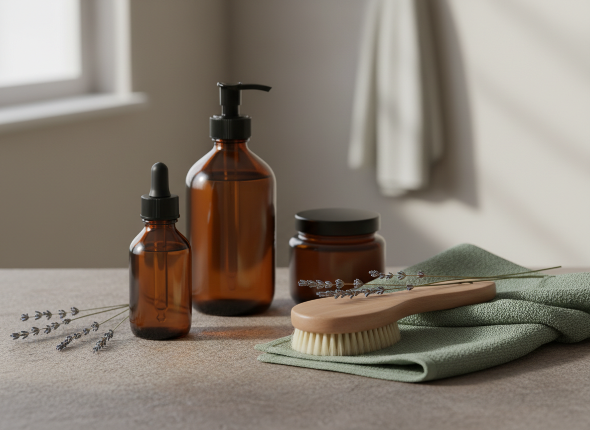 Amber skincare bottles and dried lavender in a calm wellness still life