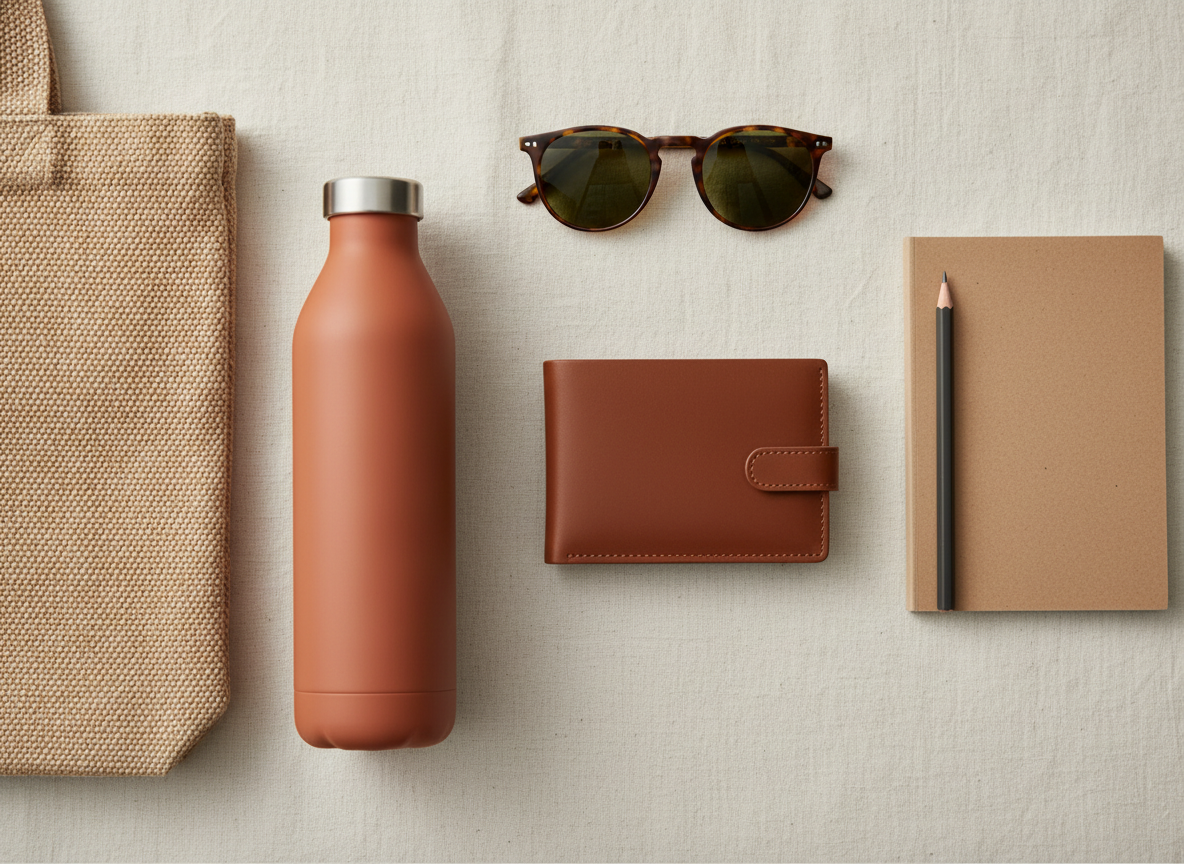 Flat lay of everyday essentials on cream linen in earthy tones