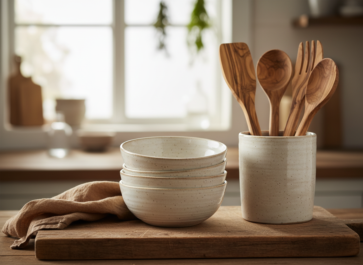 Stacked ceramic bowls and wooden utensils in a warm-toned kitchen